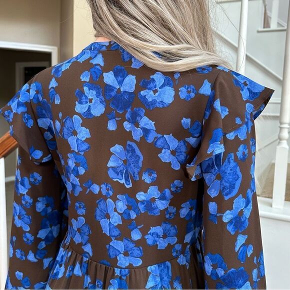 Adorable brown blue floral peasant midi dress - Picture 11 of 12